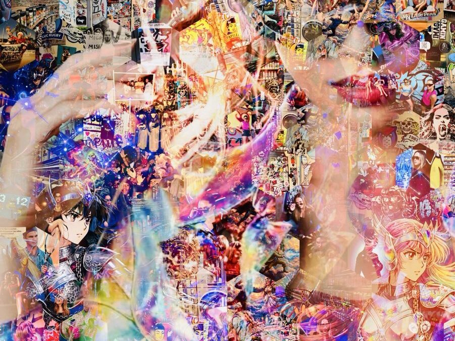 Artwork by Saro — layered collage combining urban culture, music, manga, mythology and popular imagery.