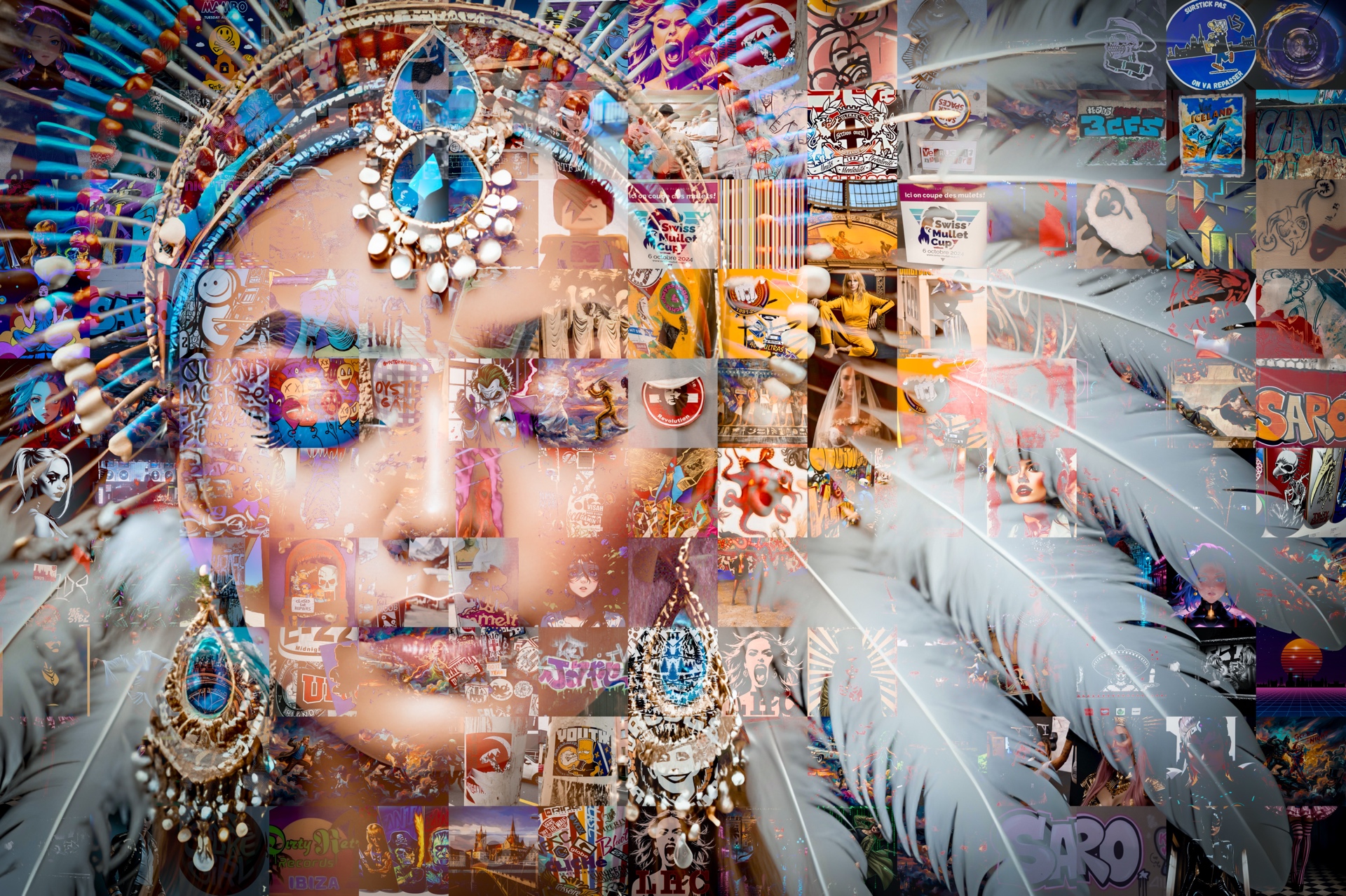 Saro artwork made from faces, jewellery, street images, pop culture, colour and layered memories.