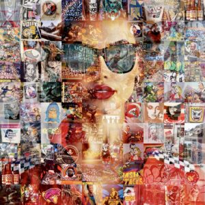 LA PILOTE de SARO : portrait de femme aux lunettes noires et aux lèvres rouges, composé de fragments de street art et de pop culture.
