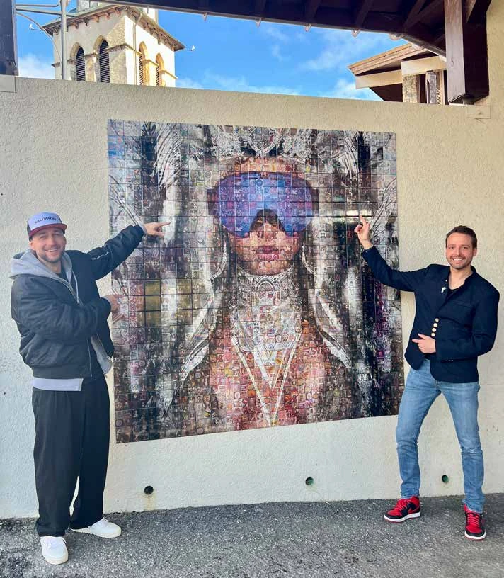 Grégory Veyrat and SARO in front of the mural of 400 photoceramic tiles created for the first Val d’Arly Street Art Festival — Crest-Voland, France, 2024.